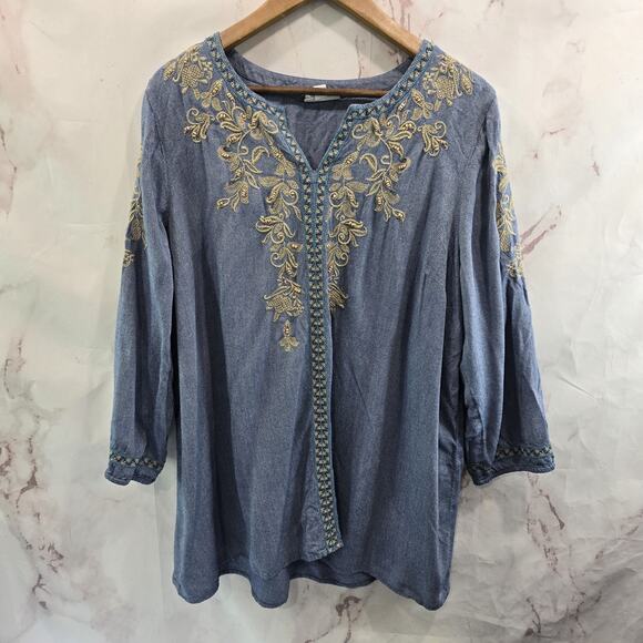 J Jill Shirt Women Large Blue Tan Chambray Popover Embroidered Tunic Peasant - Picture 1 of 12